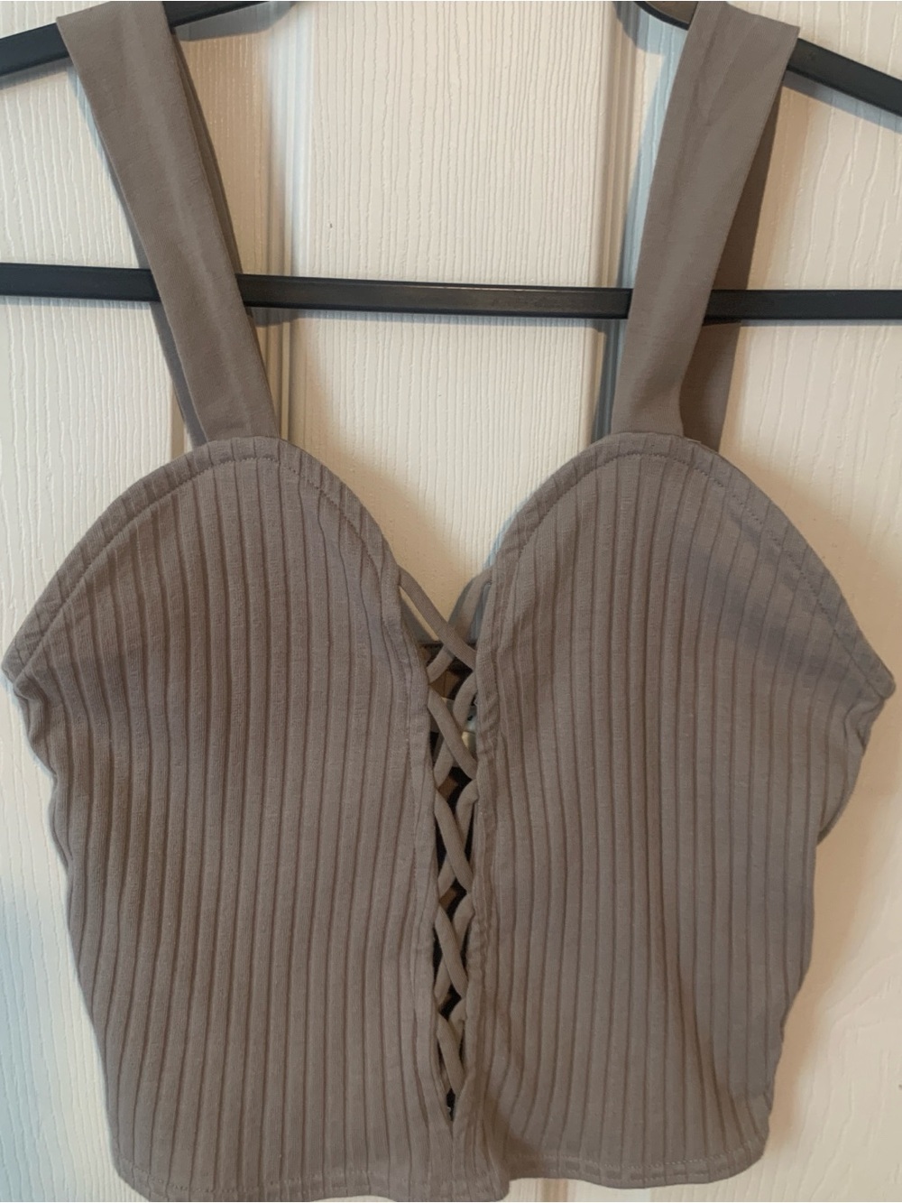 silence + noise Taupe Ribbed Lace-Up Crop Top